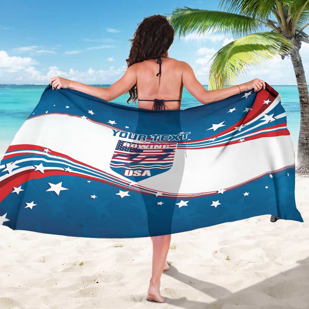 Personalized USA rowing sarong with blue, red, and white flag graphic, curved hem