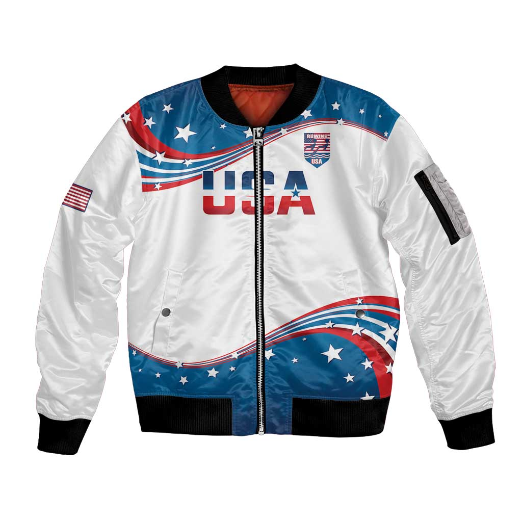 Personalized USA Rowing Sleeve Zip Bomber Jacket 2024 United States Flag Curve Style