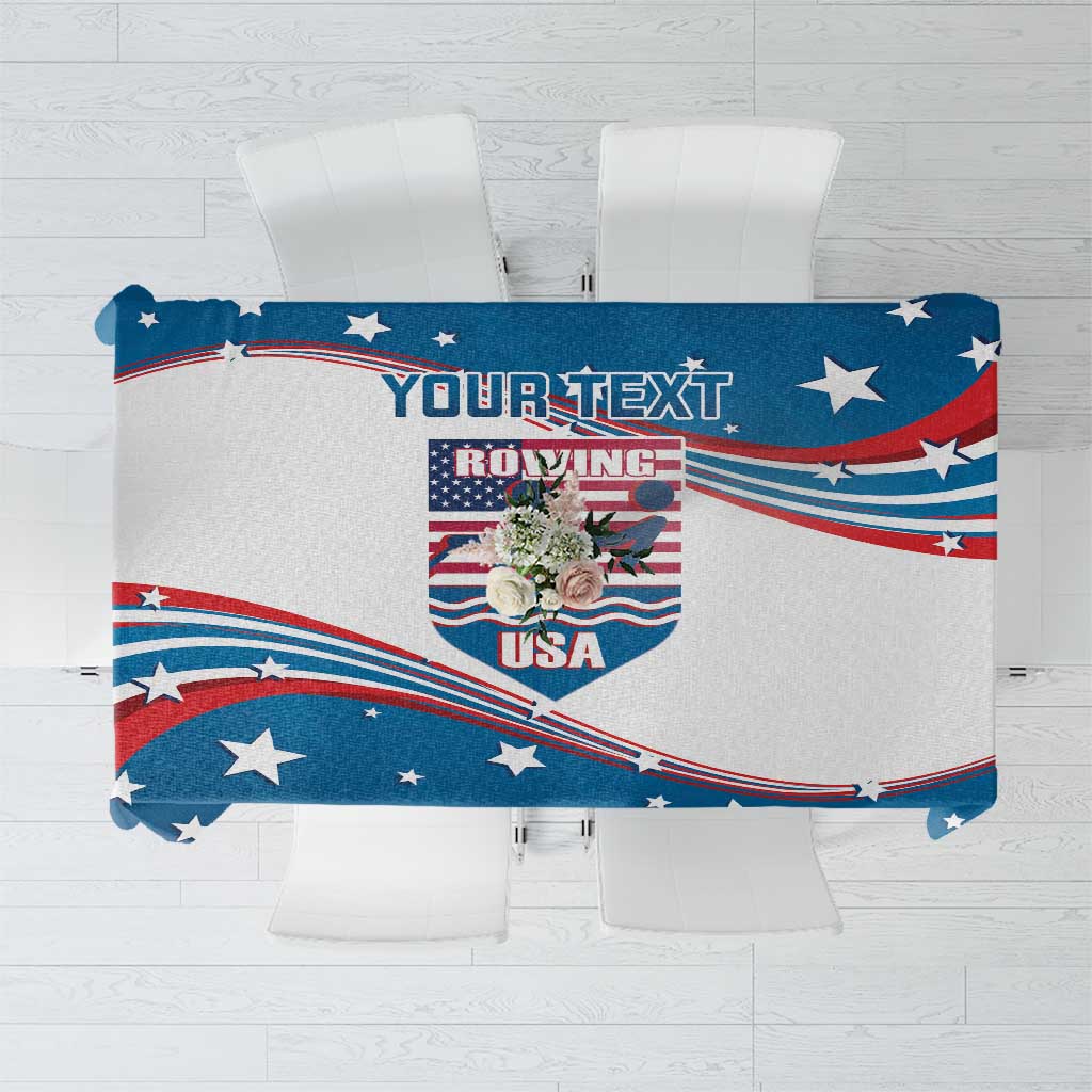 Personalized USA rowing tablecloth in blue with red-and-white stripes and stars