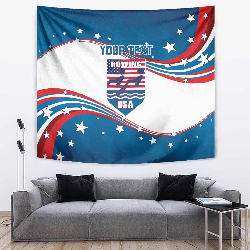 Personalized rowing tapestry, curved USA flag design in blue, white, and red with 'YOUR TEXT'