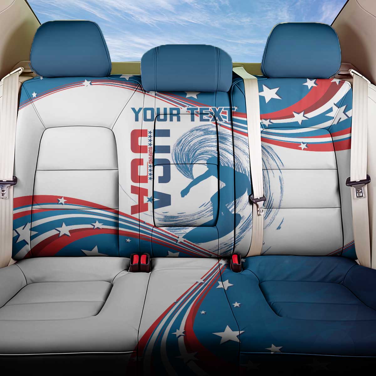 Personalized USA Surfing Back Car Seat Cover 2024 United States Flag Curve Style - Wonder Print Shop