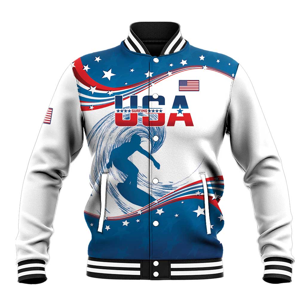 Unisex blue and white USA flag surfing baseball jacket, front graphic
