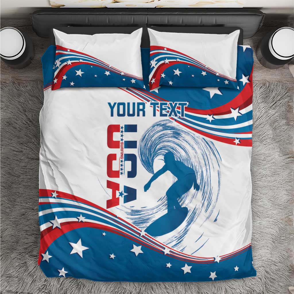USA surf bedding set close-up: white duvet with blue wave, red text and flag curve