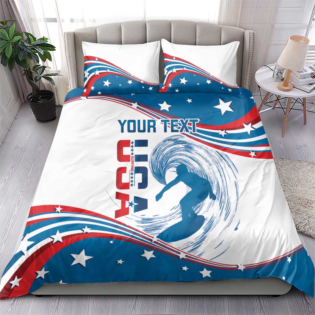 USA surf bedding set on bed: white duvet with blue/red curved flag surf graphic