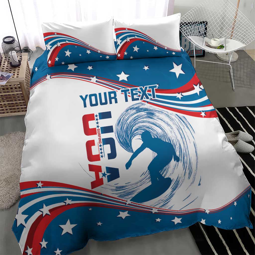USA surf bedding set on bed: white duvet with blue wave, red/blue star stripe border