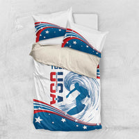 USA surf bedding set on light bed: white duvet with blue/red curved flag wave pillows