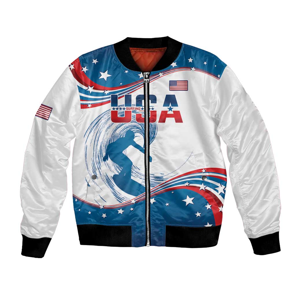 Personalized USA Surfing Bomber Jacket 2024 United States Flag Curve Style - Wonder Print Shop