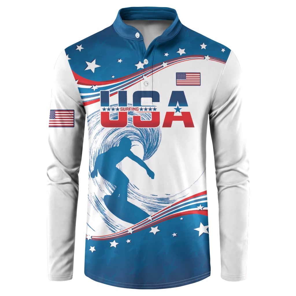 Men's blue and white button henley sweatshirt with USA surfing graphic and stars