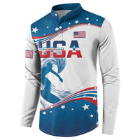 Men's blue and white button henley sweatshirt with USA flag surfing wave graphic