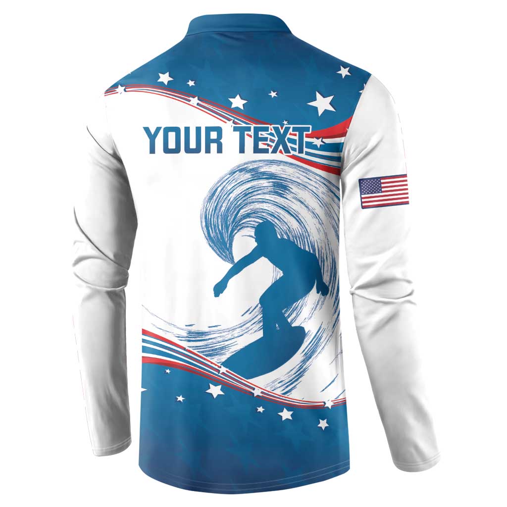 Men's blue and white button henley sweatshirt; back 'YOUR TEXT' surfing wave