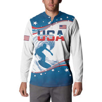 Men's blue and white button henley sweatshirt with USA surfing wave graphic