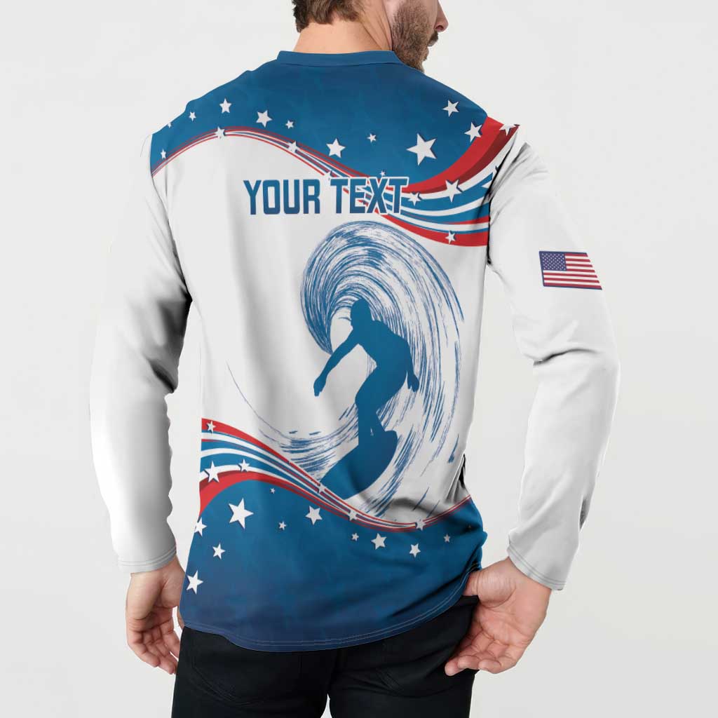 Men's blue and white button henley sweatshirt, back 'YOUR TEXT' surfing wave stars