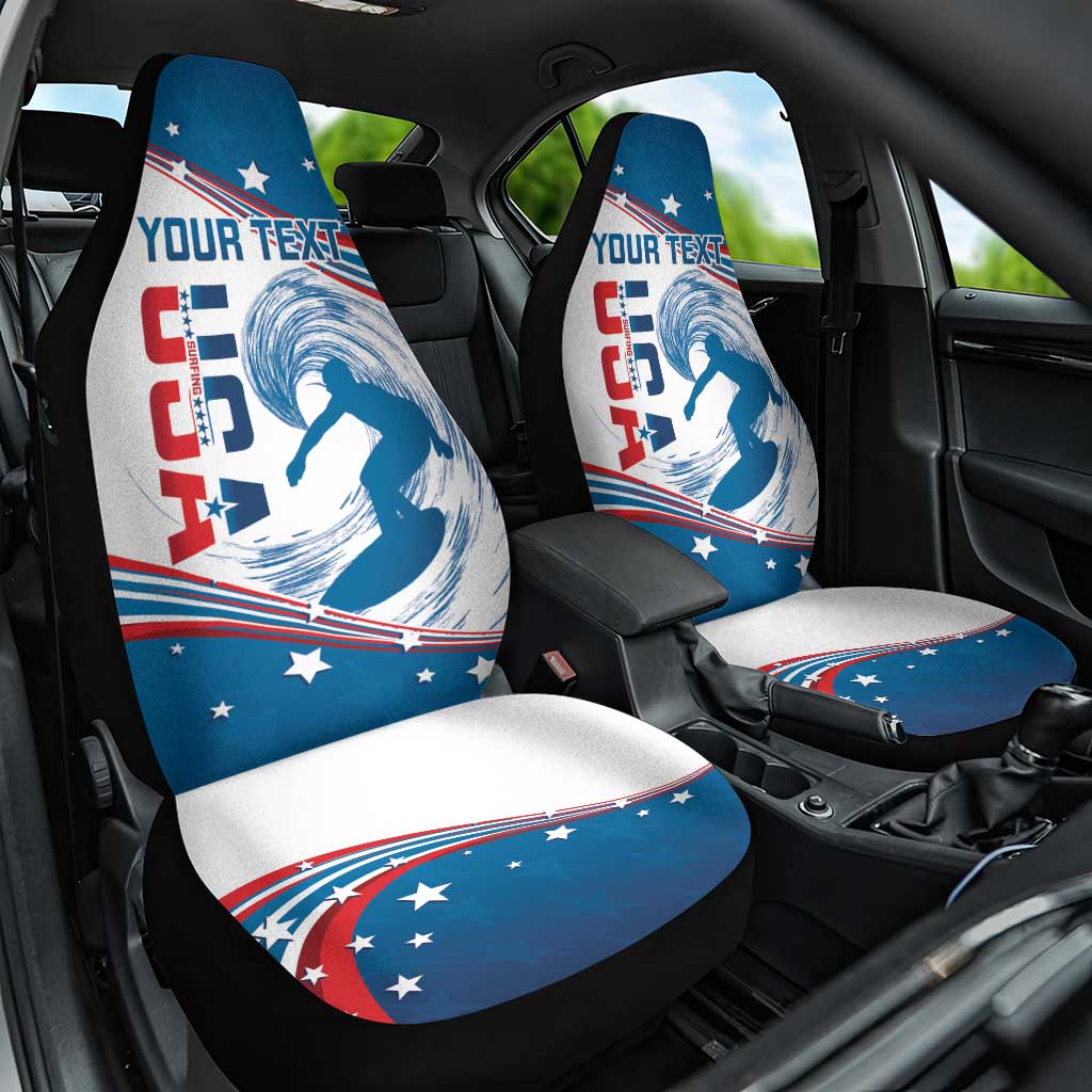 Personalized USA Surfing Car Seat Cover 2024 United States Flag Curve Style - Wonder Print Shop