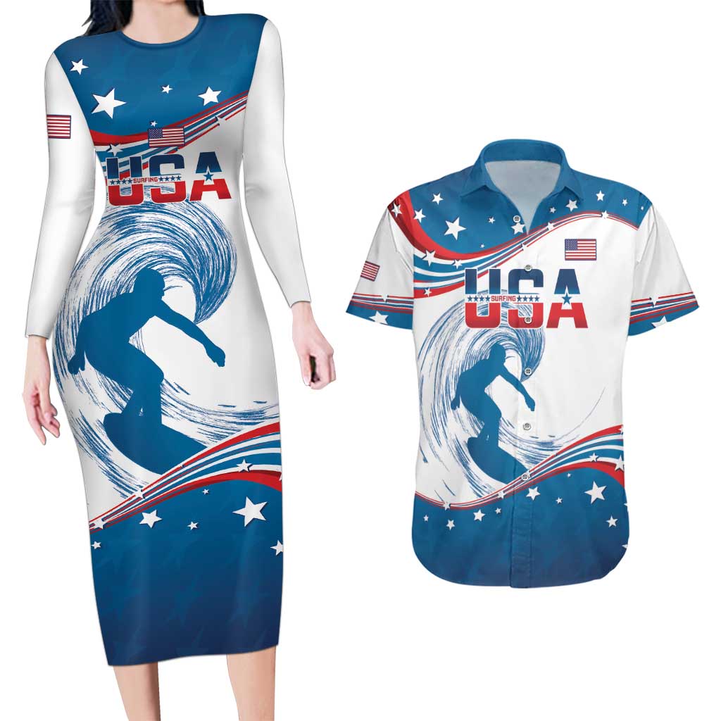 Personalized USA Surfing Couples Matching Long Sleeve Bodycon Dress and Hawaiian Shirt 2024 United States Flag Curve Style - Wonder Print Shop