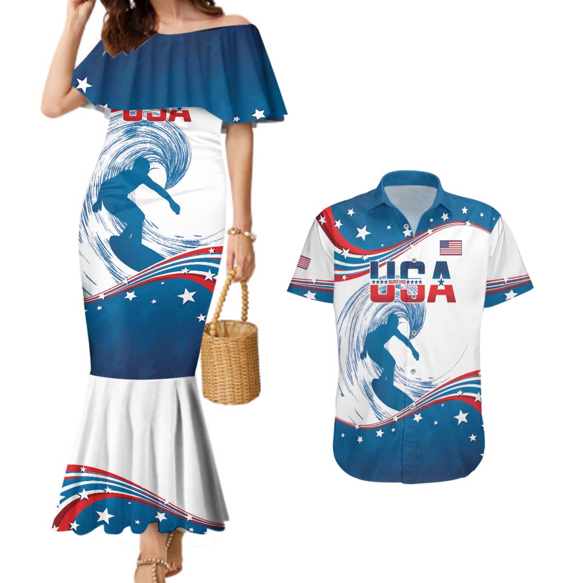 Personalized USA Surfing Couples Matching Mermaid Dress and Hawaiian Shirt 2024 United States Flag Curve Style - Wonder Print Shop