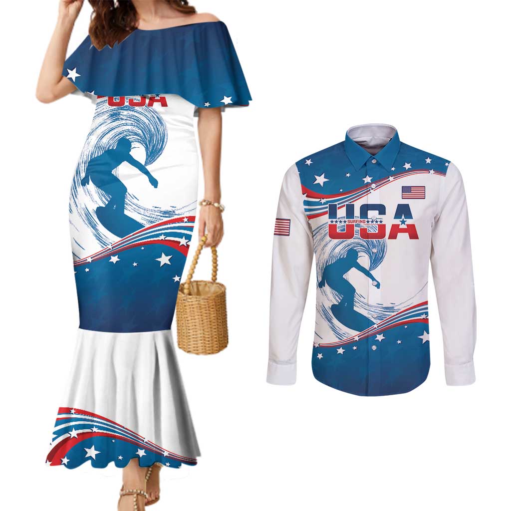 Personalized USA Surfing Couples Matching Mermaid Dress and Long Sleeve Button Shirt 2024 United States Flag Curve Style