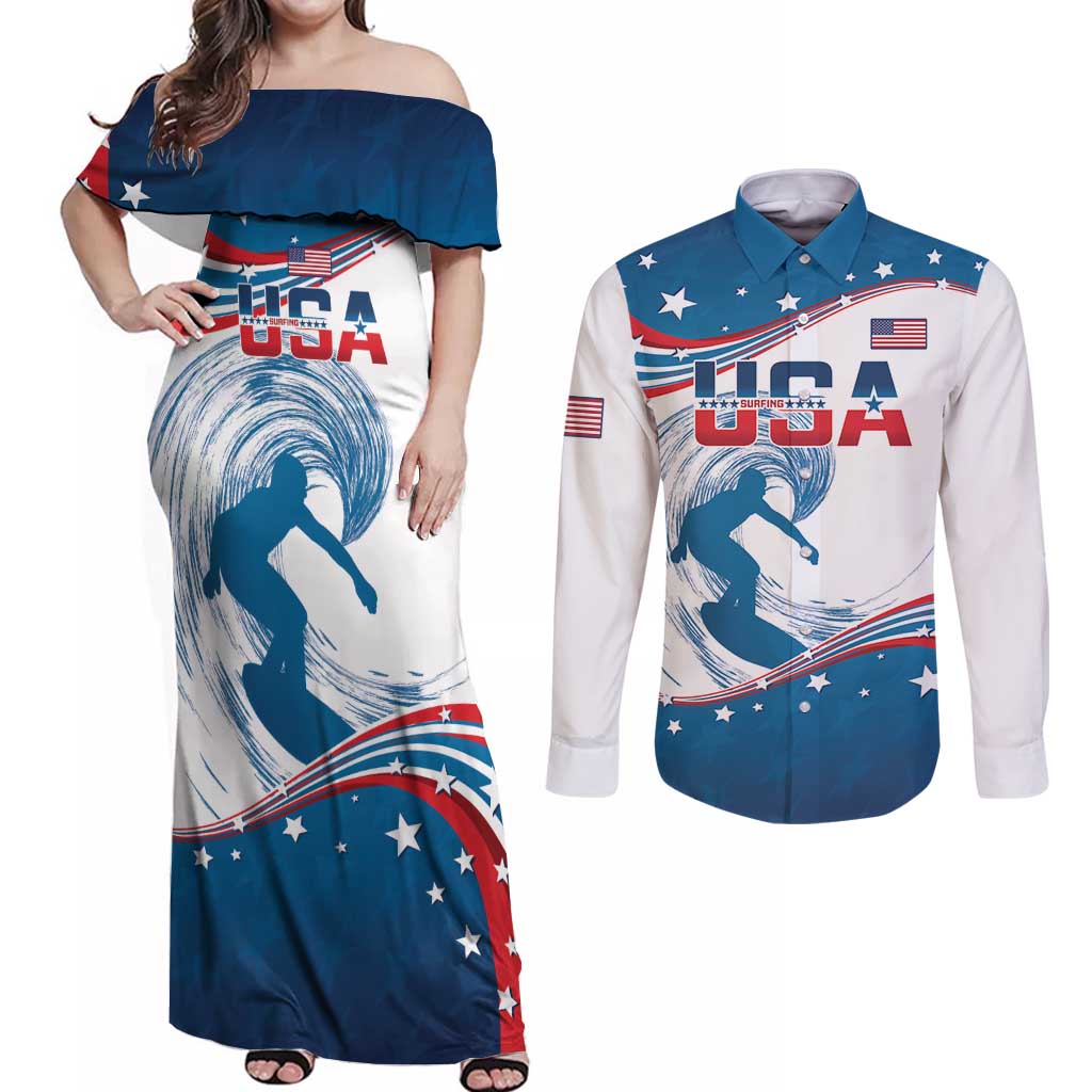 Personalized USA Surfing Couples Matching Off Shoulder Maxi Dress and Long Sleeve Button Shirt 2024 United States Flag Curve Style - Wonder Print Shop