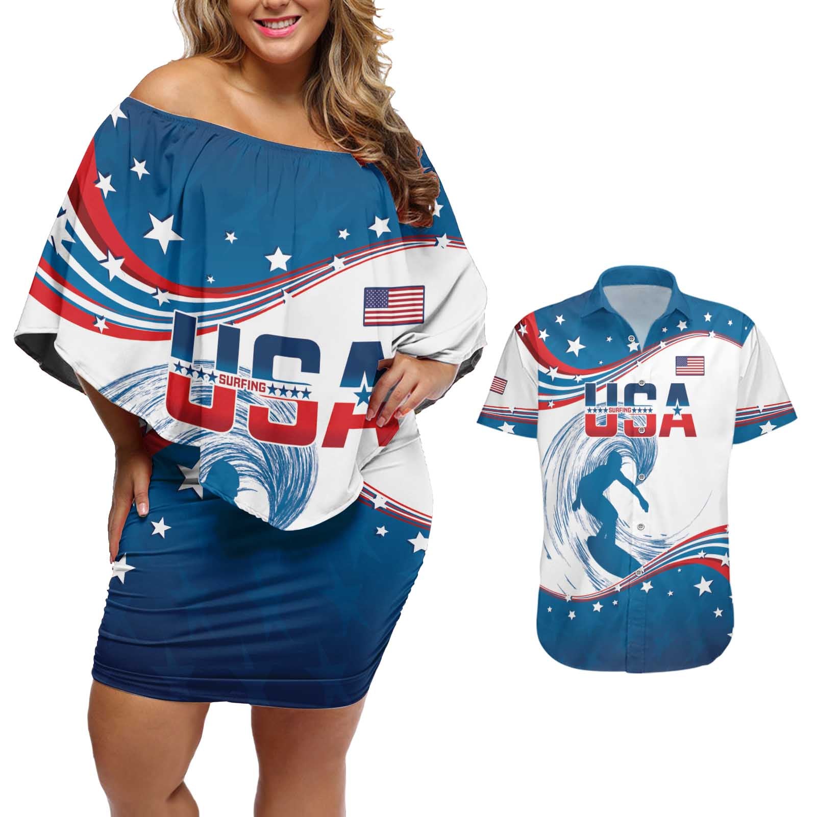 Personalized USA Surfing Couples Matching Off Shoulder Short Dress and Hawaiian Shirt 2024 United States Flag Curve Style - Wonder Print Shop