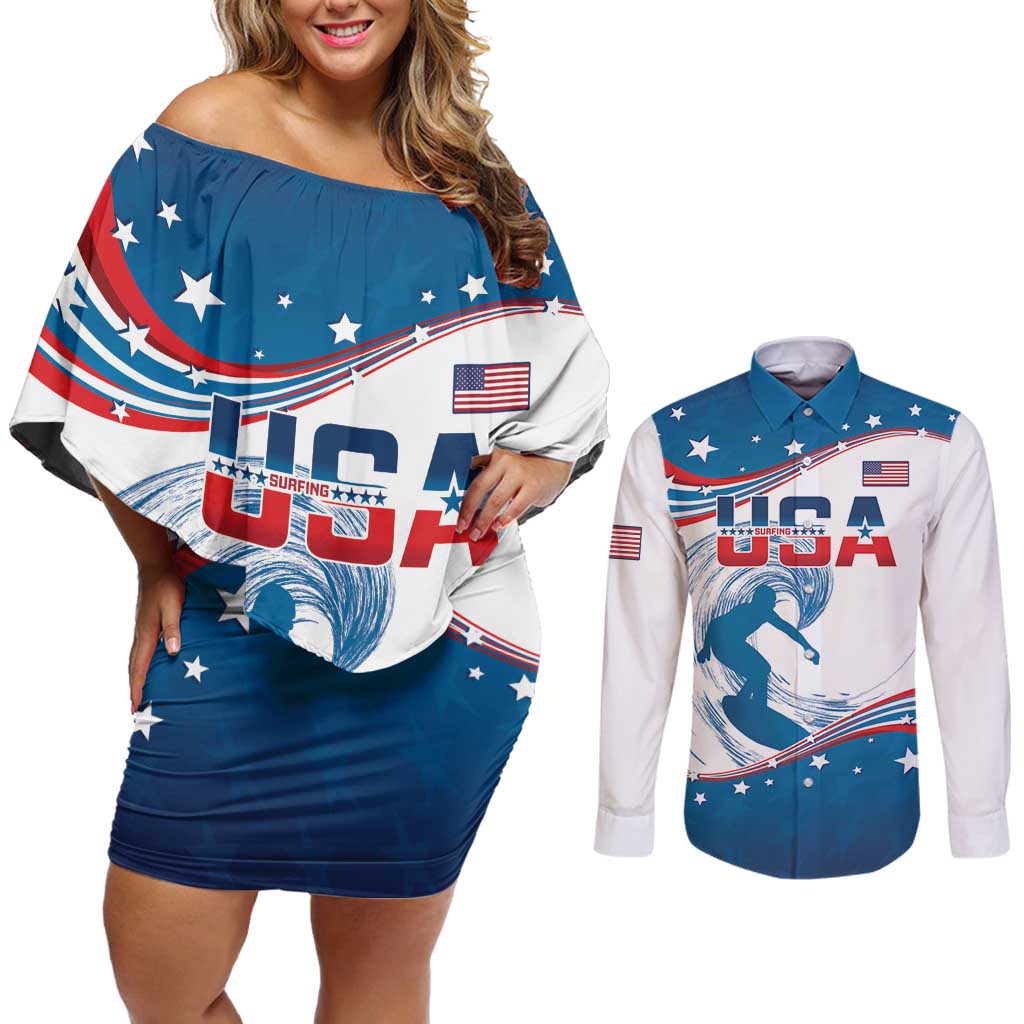 Personalized USA Surfing Couples Matching Off Shoulder Short Dress and Long Sleeve Button Shirt 2024 United States Flag Curve Style - Wonder Print Shop