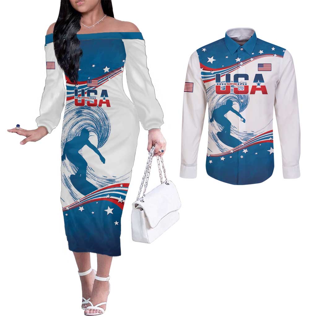 Personalized USA Surfing Couples Matching Off The Shoulder Long Sleeve Dress and Long Sleeve Button Shirt 2024 United States Flag Curve Style