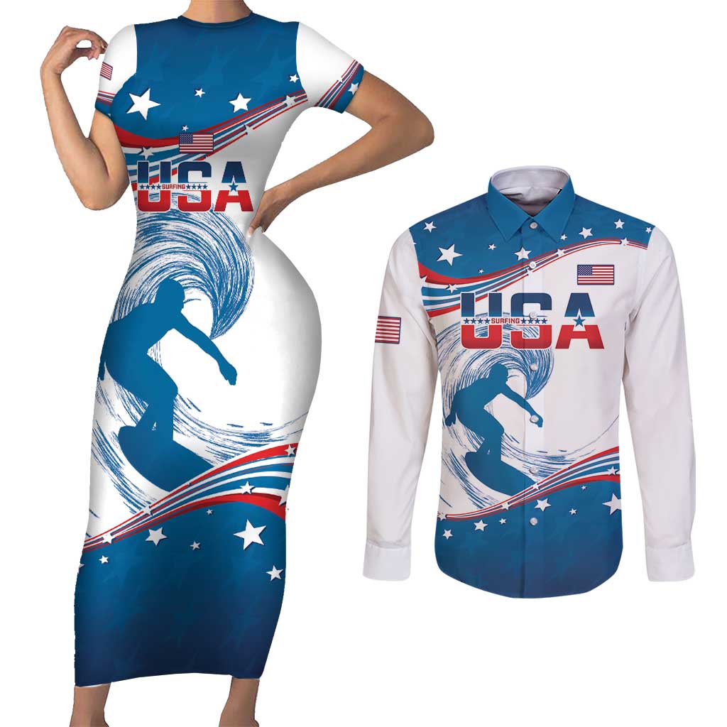 Personalized USA Surfing Couples Matching Short Sleeve Bodycon Dress and Long Sleeve Button Shirt 2024 United States Flag Curve Style - Wonder Print Shop