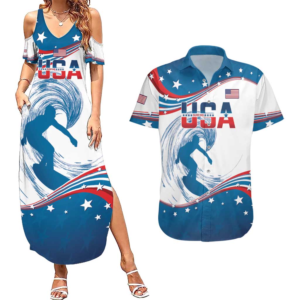 Personalized USA Surfing Couples Matching Summer Maxi Dress and Hawaiian Shirt 2024 United States Flag Curve Style - Wonder Print Shop