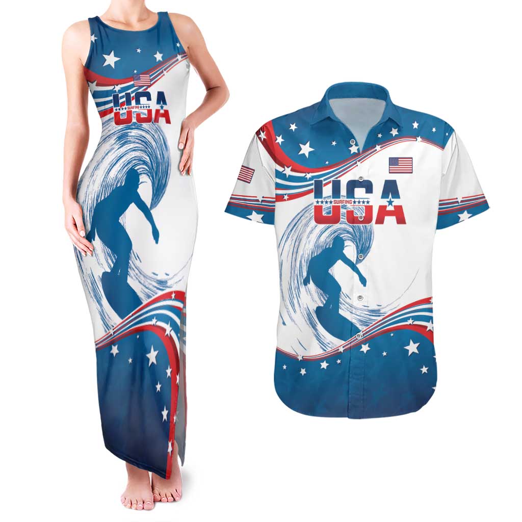 Personalized USA Surfing Couples Matching Tank Maxi Dress and Hawaiian Shirt 2024 United States Flag Curve Style - Wonder Print Shop