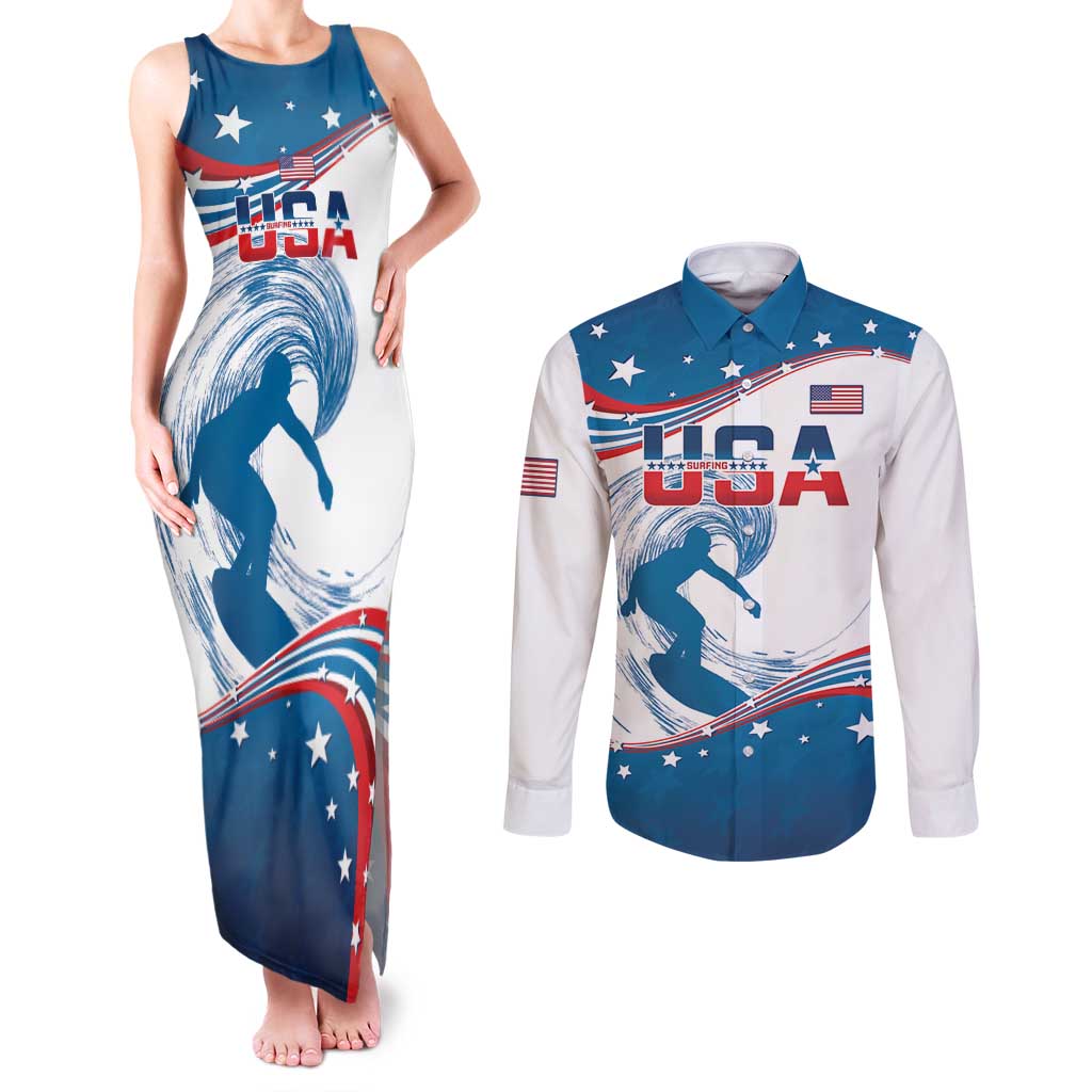 Personalized USA Surfing Couples Matching Tank Maxi Dress and Long Sleeve Button Shirt 2024 United States Flag Curve Style - Wonder Print Shop