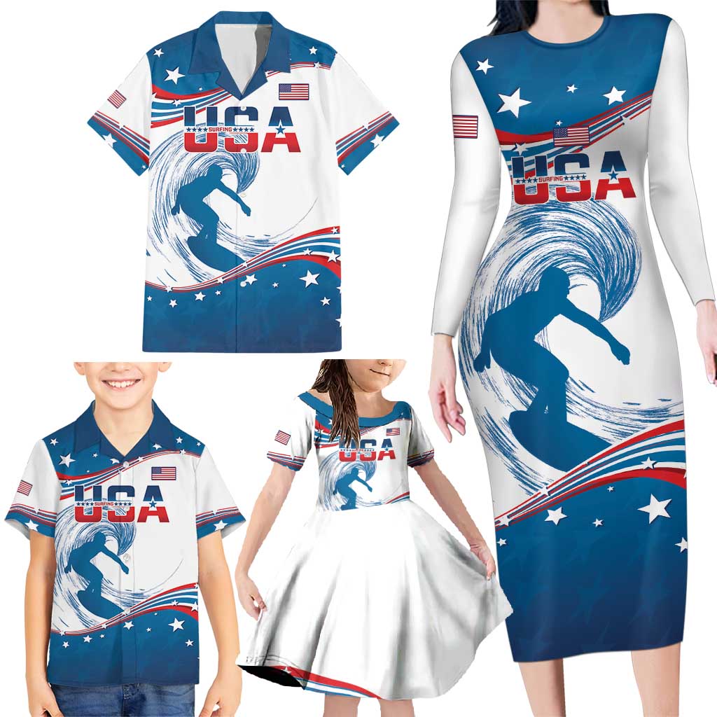 Personalized USA Surfing Family Matching Long Sleeve Bodycon Dress and Hawaiian Shirt 2024 United States Flag Curve Style - Wonder Print Shop