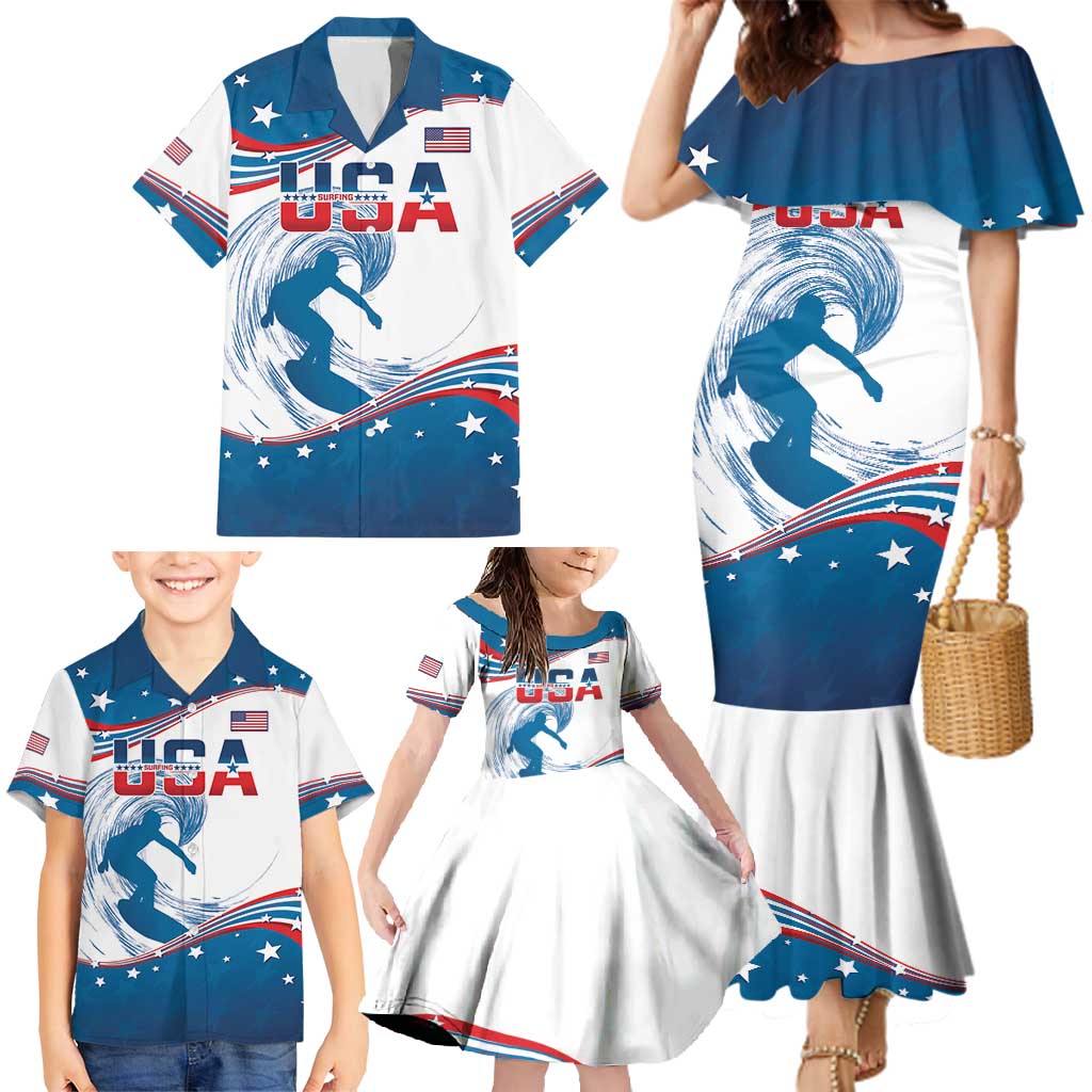 Personalized USA Surfing Family Matching Mermaid Dress and Hawaiian Shirt 2024 United States Flag Curve Style - Wonder Print Shop