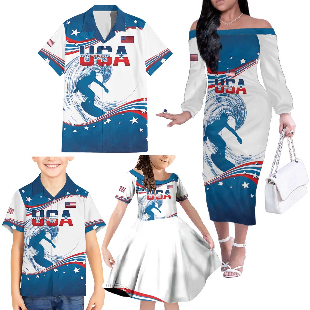 Personalized USA Surfing Family Matching Off The Shoulder Long Sleeve Dress and Hawaiian Shirt 2024 United States Flag Curve Style - Wonder Print Shop