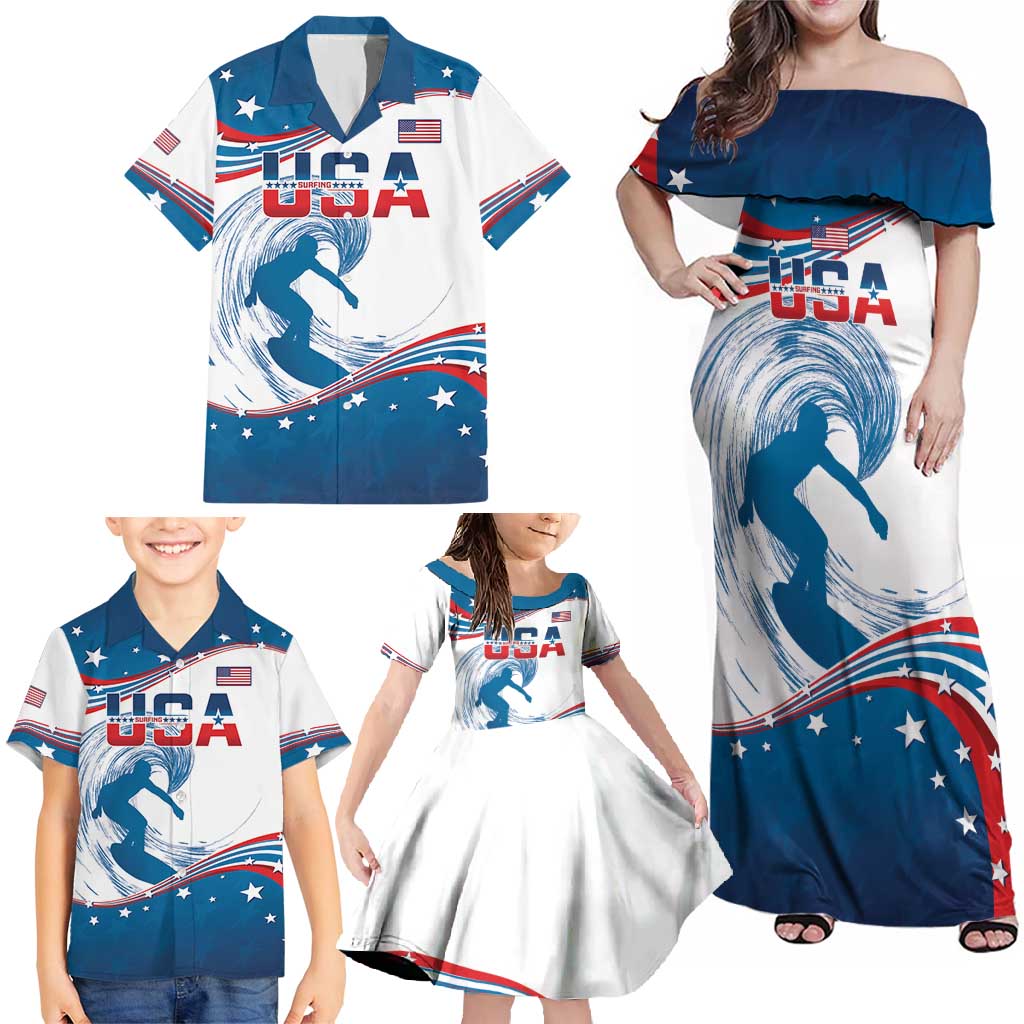 Personalized USA Surfing Family Matching Off Shoulder Maxi Dress and Hawaiian Shirt 2024 United States Flag Curve Style - Wonder Print Shop