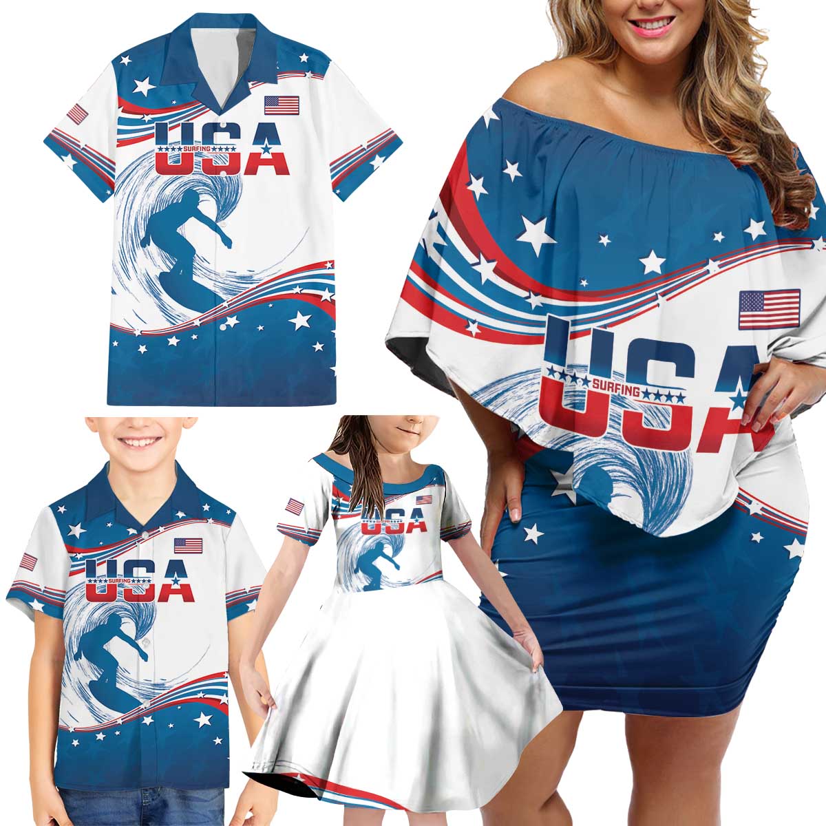 Personalized USA Surfing Family Matching Off Shoulder Short Dress and Hawaiian Shirt 2024 United States Flag Curve Style - Wonder Print Shop