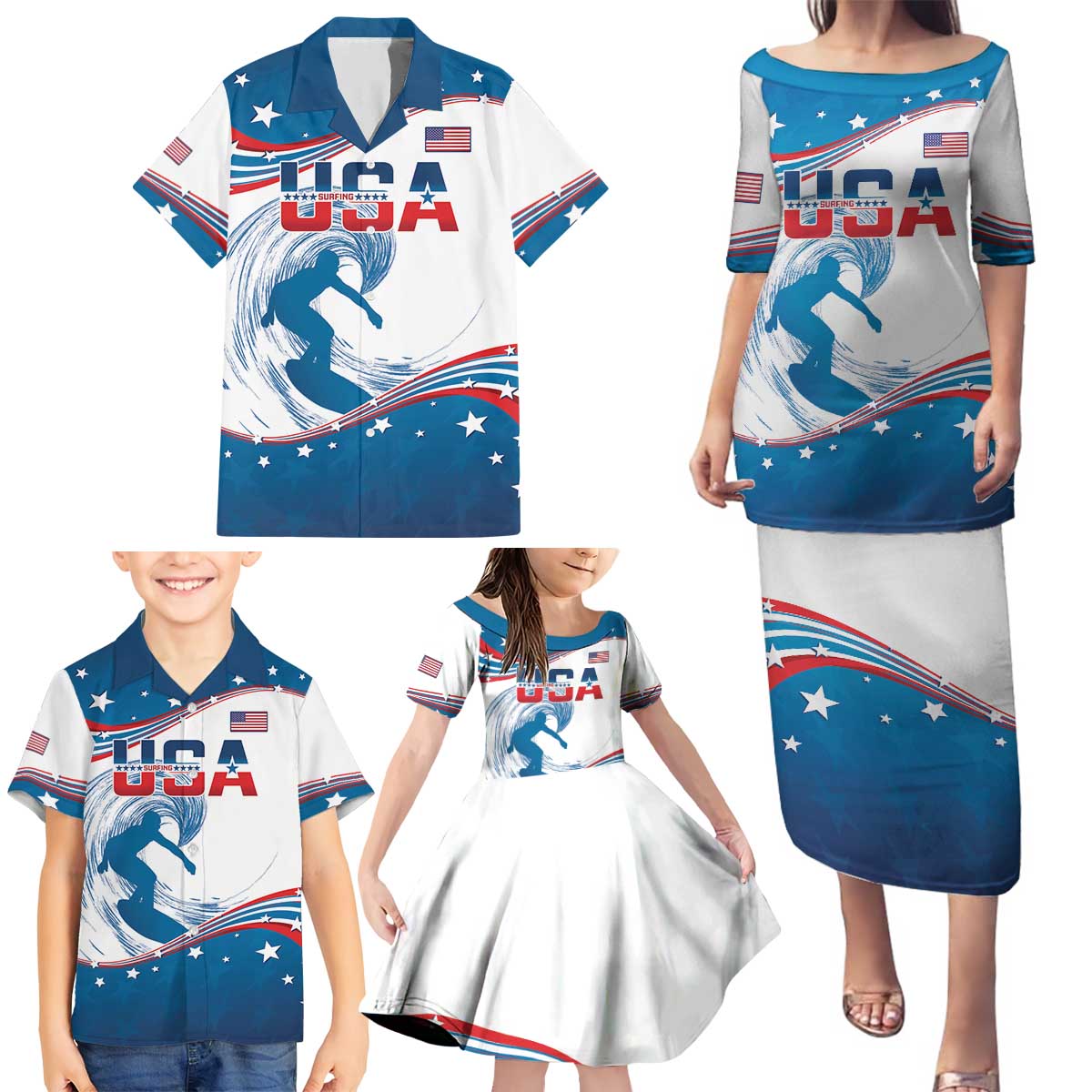 Personalized USA Surfing Family Matching Puletasi and Hawaiian Shirt 2024 United States Flag Curve Style - Wonder Print Shop