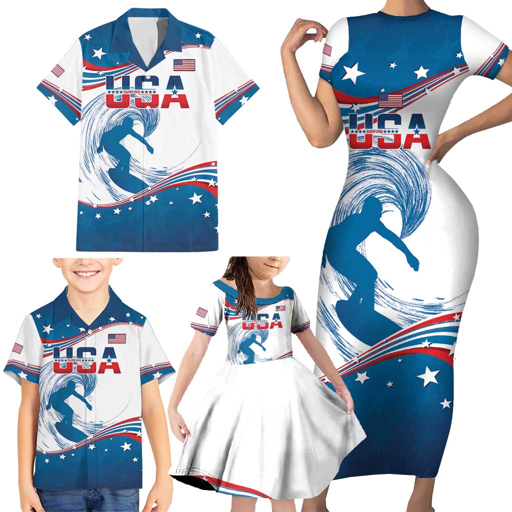 Personalized USA Surfing Family Matching Short Sleeve Bodycon Dress and Hawaiian Shirt 2024 United States Flag Curve Style - Wonder Print Shop