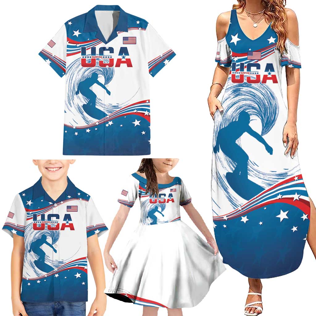 Personalized USA Surfing Family Matching Summer Maxi Dress and Hawaiian Shirt 2024 United States Flag Curve Style - Wonder Print Shop