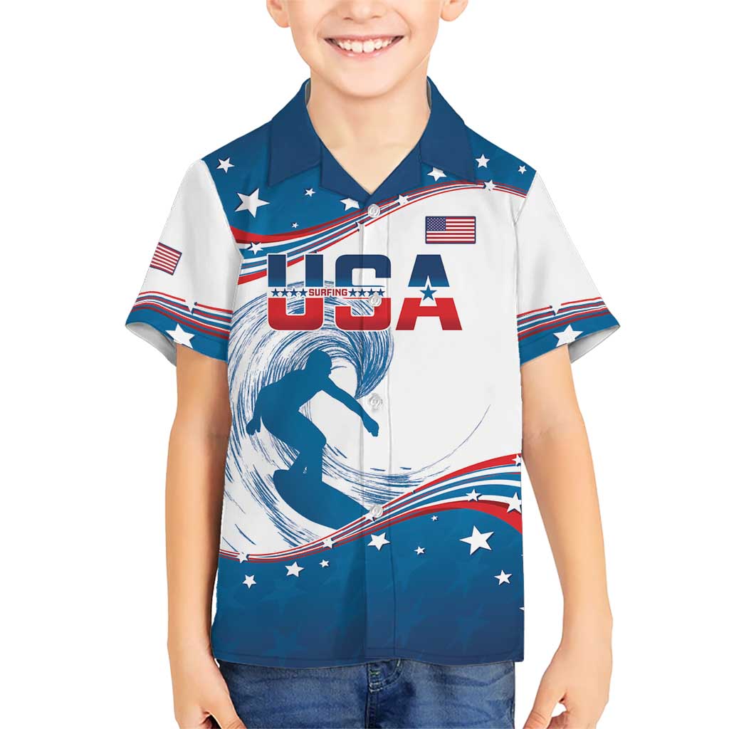 Personalized USA Surfing Kid Hawaiian Shirt 2024 United States Flag Curve Style - Wonder Print Shop