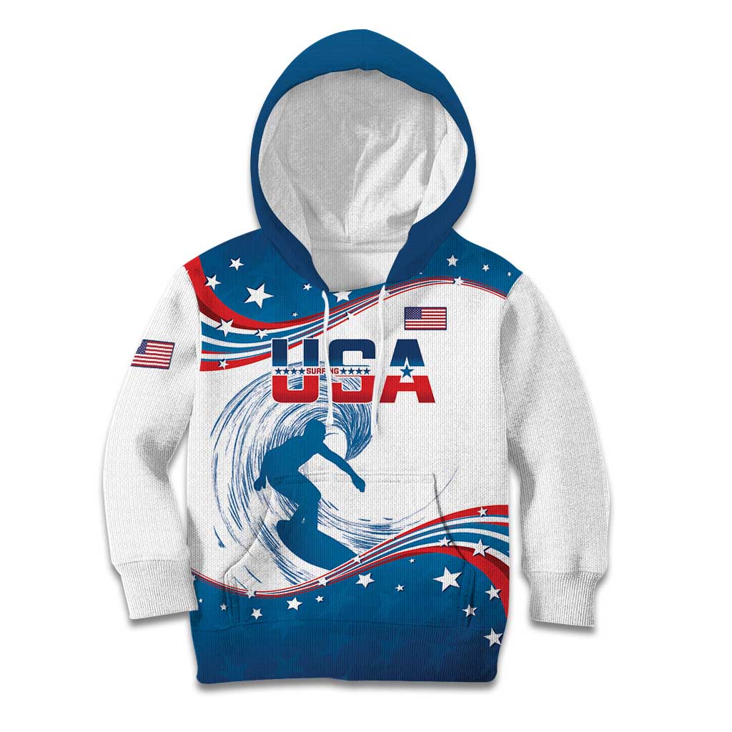 Personalized USA Surfing Kid Hoodie 2024 United States Flag Curve Style - Wonder Print Shop