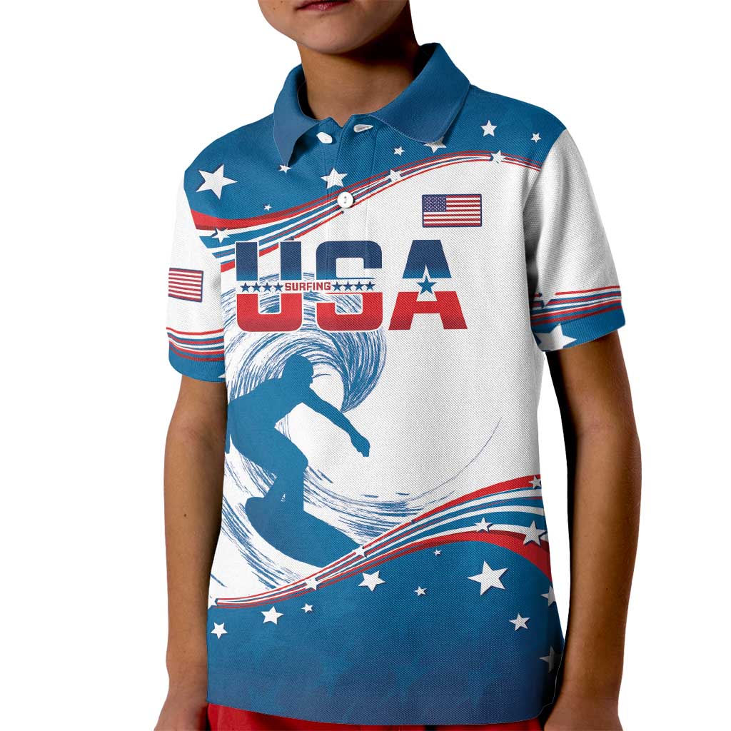 Personalized USA Surfing Kid Polo Shirt 2024 United States Flag Curve Style - Wonder Print Shop