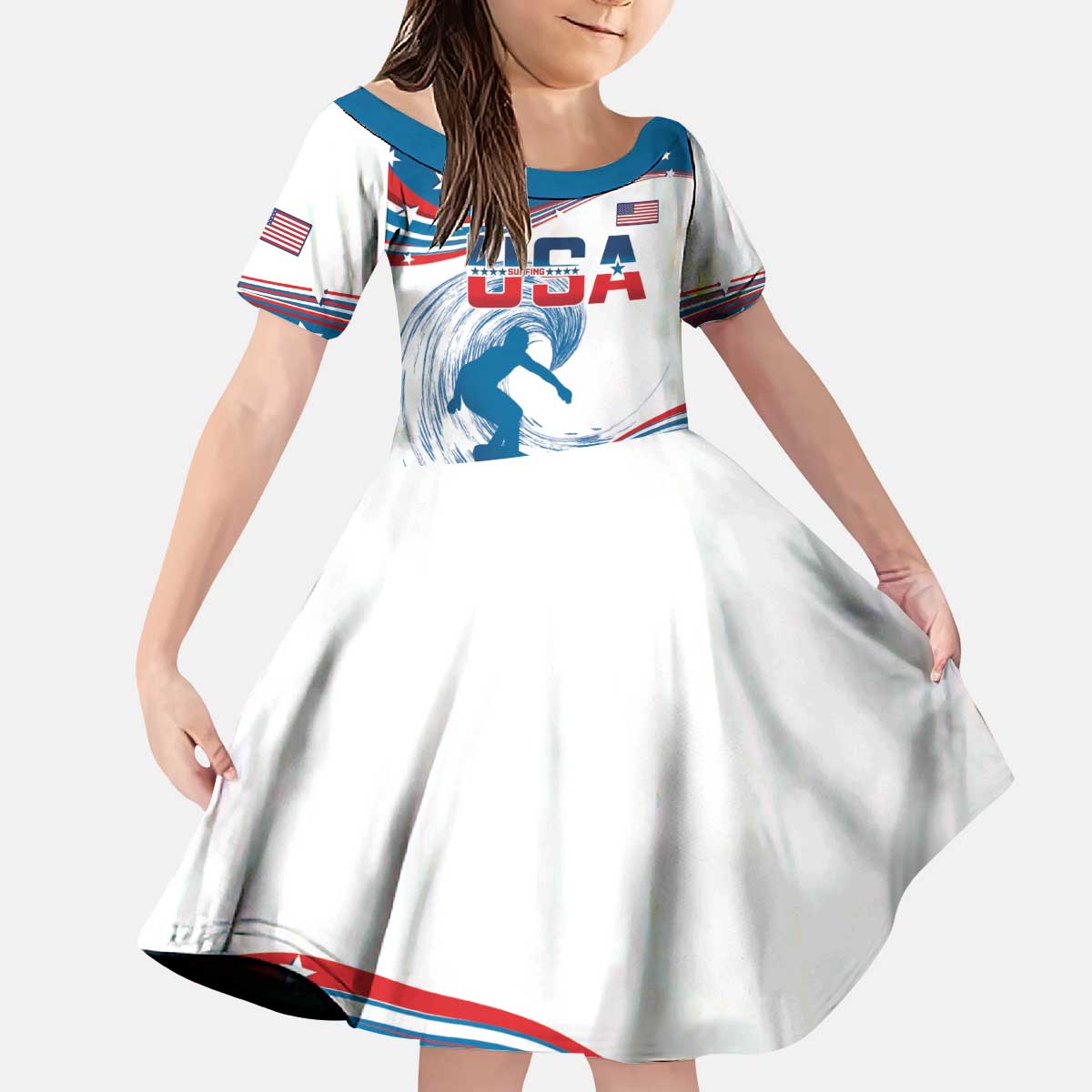 Personalized USA Surfing Kid Short Sleeve Dress 2024 United States Flag Curve Style - Wonder Print Shop