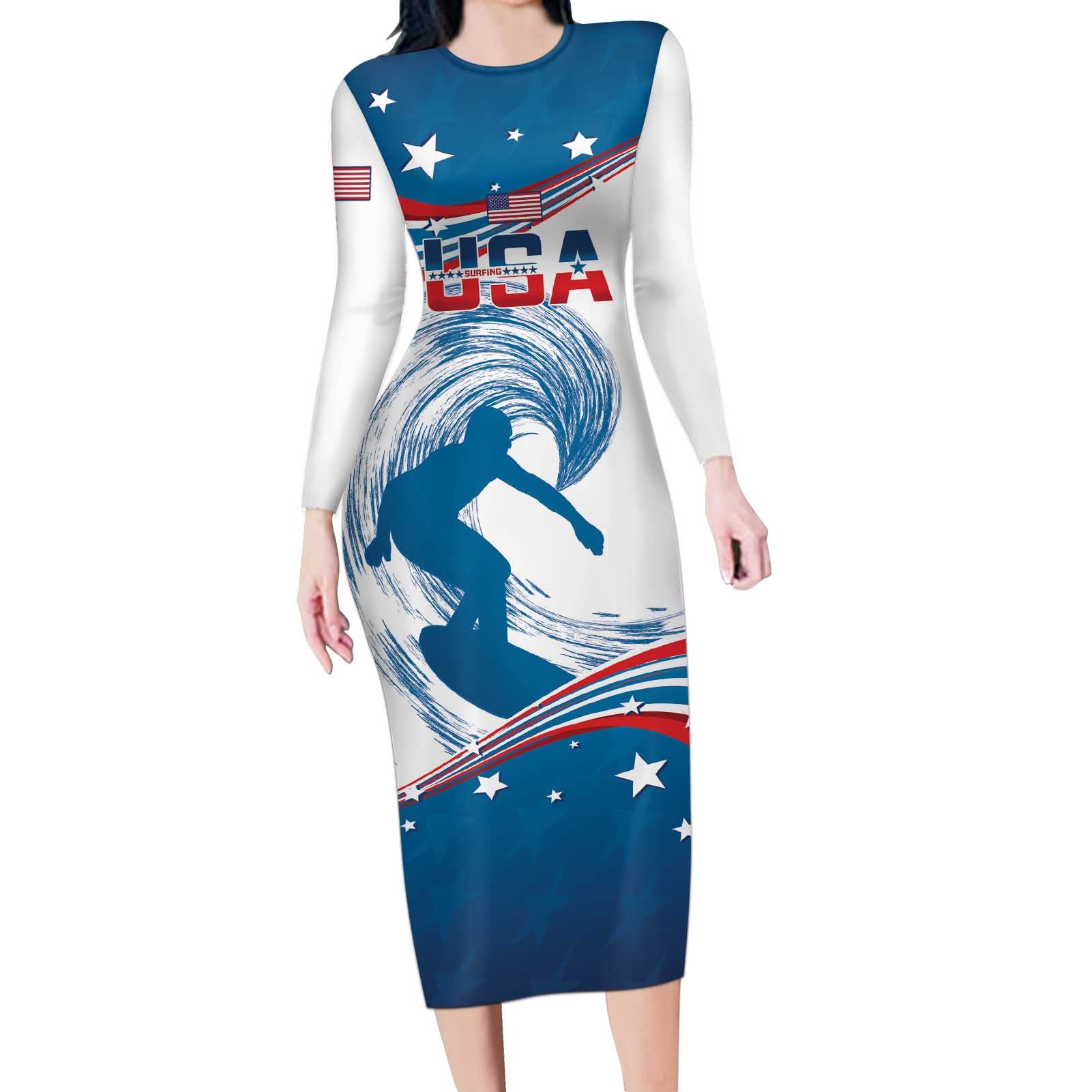 Personalized USA Surfing Long Sleeve Bodycon Dress 2024 United States Flag Curve Style - Wonder Print Shop