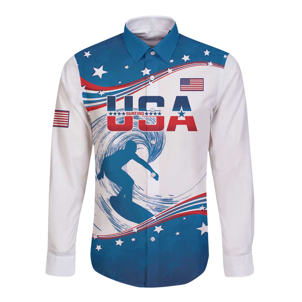 Personalized USA Surfing Long Sleeve Button Shirt 2024 United States Flag Curve Style - Wonder Print Shop