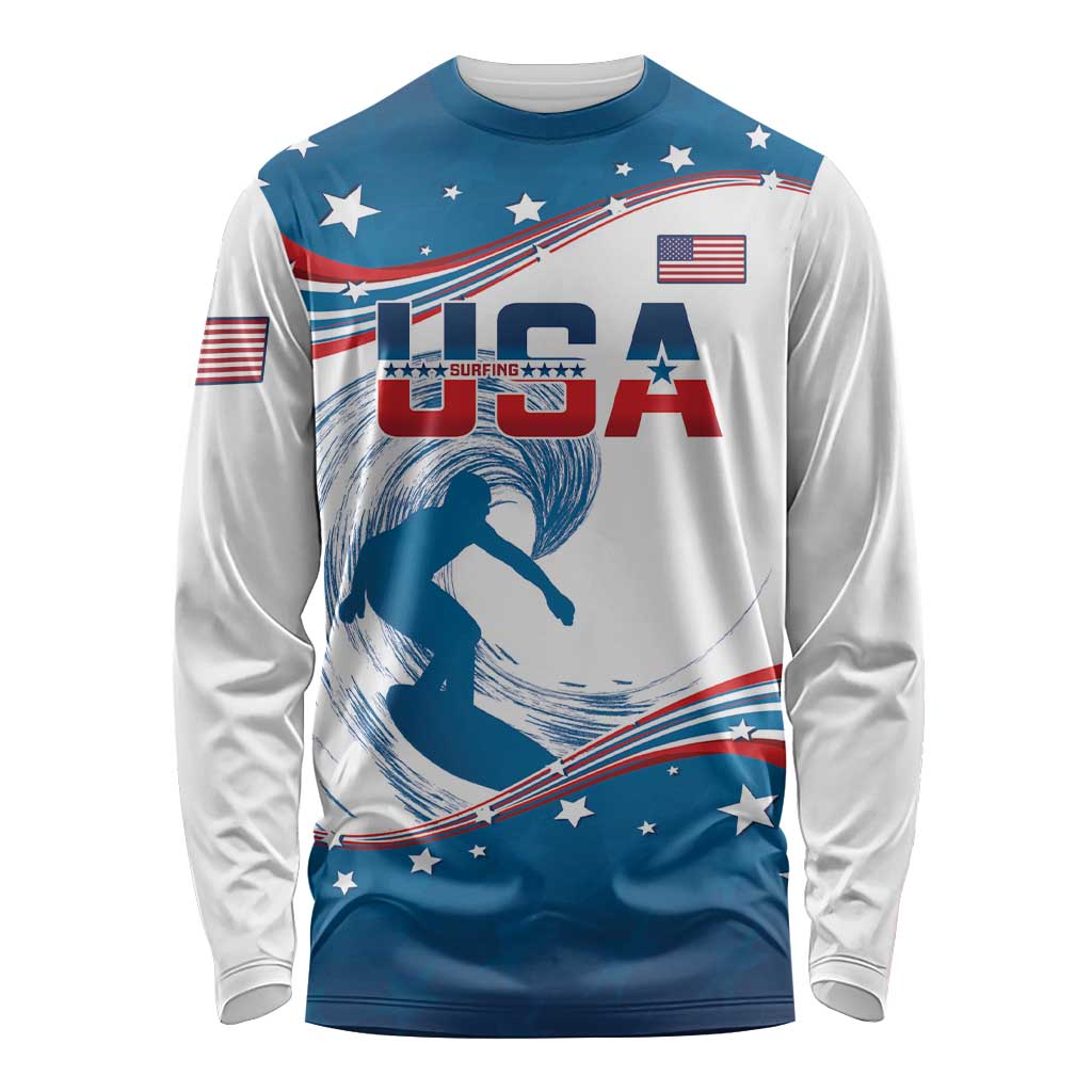 Personalized USA Surfing Long Sleeve Shirt 2024 United States Flag Curve Style - Wonder Print Shop