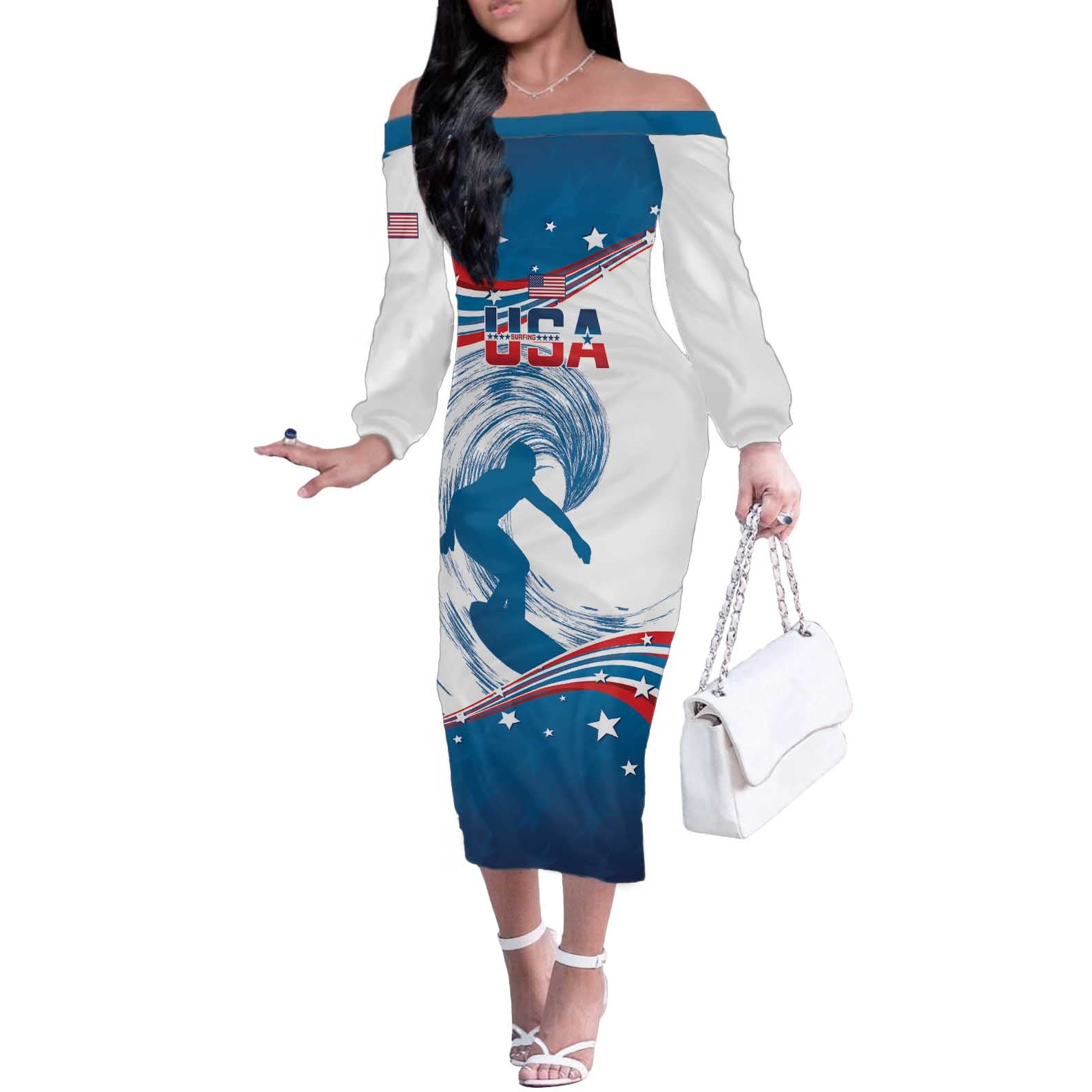 Personalized USA Surfing Off The Shoulder Long Sleeve Dress 2024 United States Flag Curve Style - Wonder Print Shop