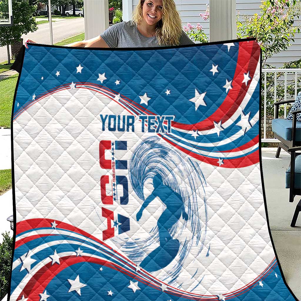 Personalized USA surfing quilt held outdoors, quilted blue flag wave with stars and red