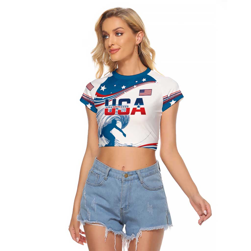 Personalized USA Surfing Raglan Cropped T Shirt 2024 United States Flag Curve Style