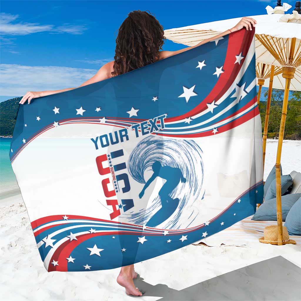 Personalized USA surfing sarong with curved flag print and wave surfer graphic, blue and white