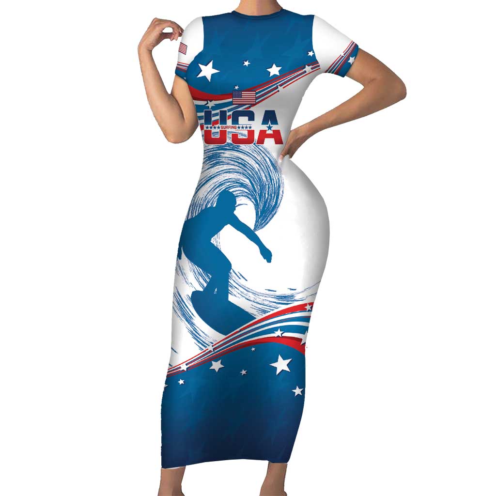 Personalized USA Surfing Short Sleeve Bodycon Dress 2024 United States Flag Curve Style