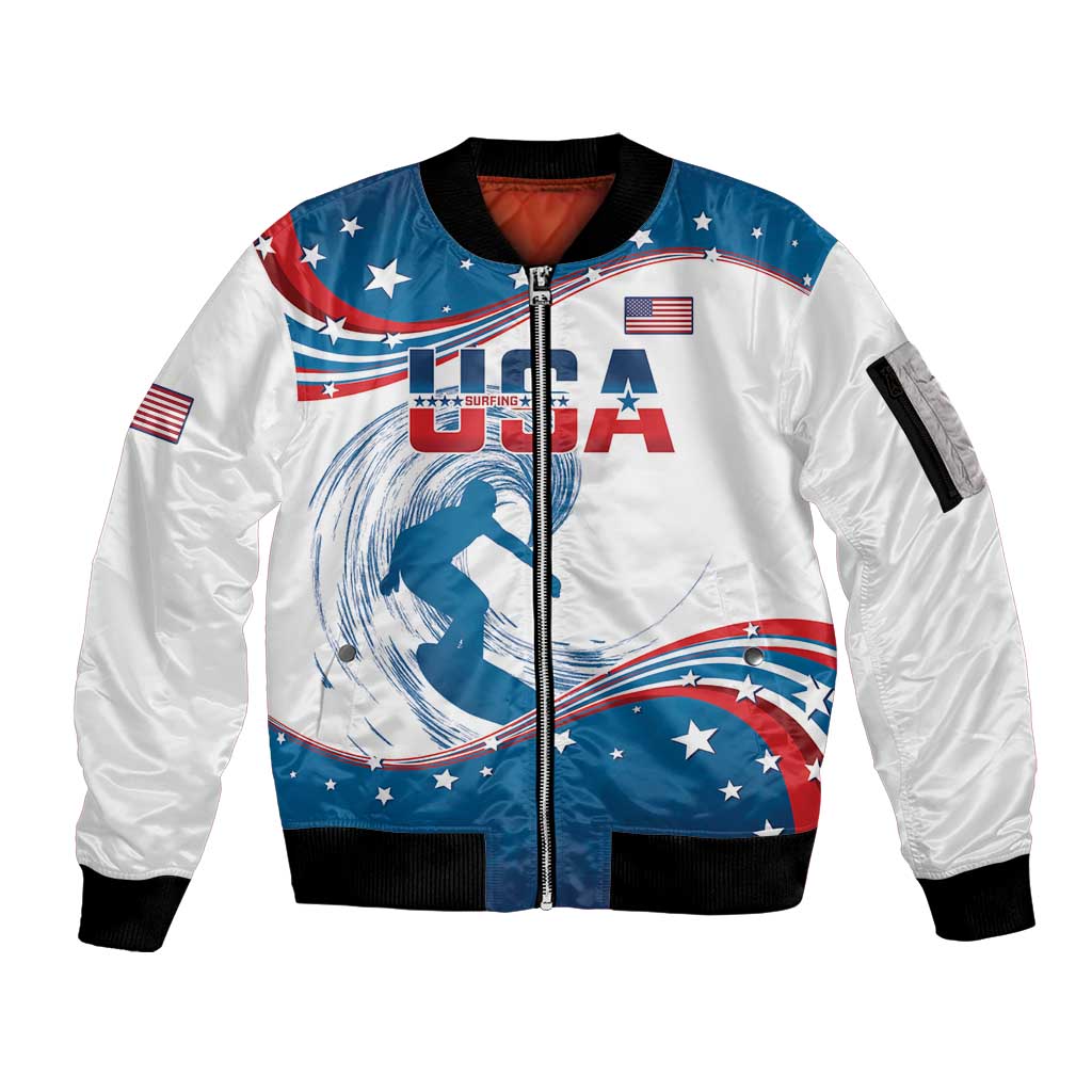 Personalized USA Surfing Sleeve Zip Bomber Jacket 2024 United States Flag Curve Style