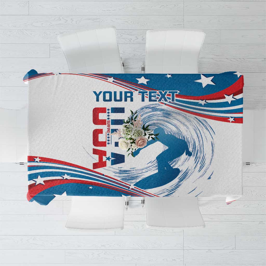 Personalized USA surfing tablecloth with wave, stars, red-white-blue flag graphic and text